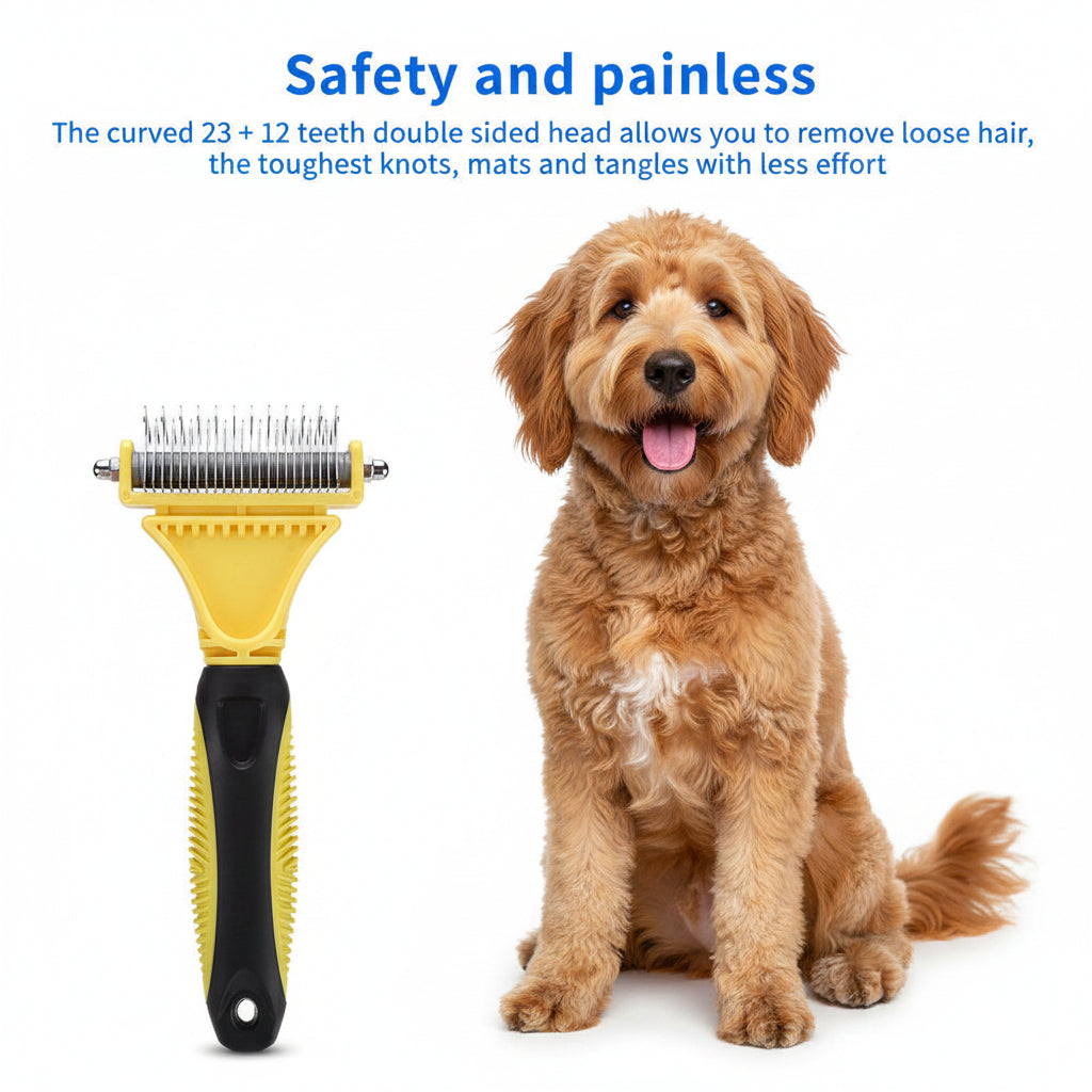 Dematting rake removing mats and tangles from a doodle coat