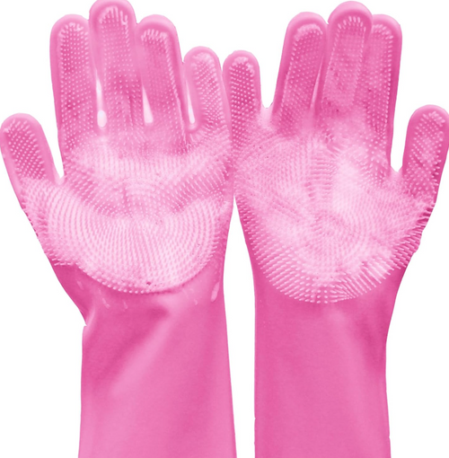 Blush pink silicone grooming glove pair for doodles — gentle bath and de-shedding mitts