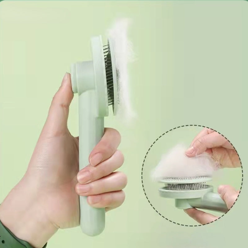 Self-cleaning slicker brush with one-click bristle retraction