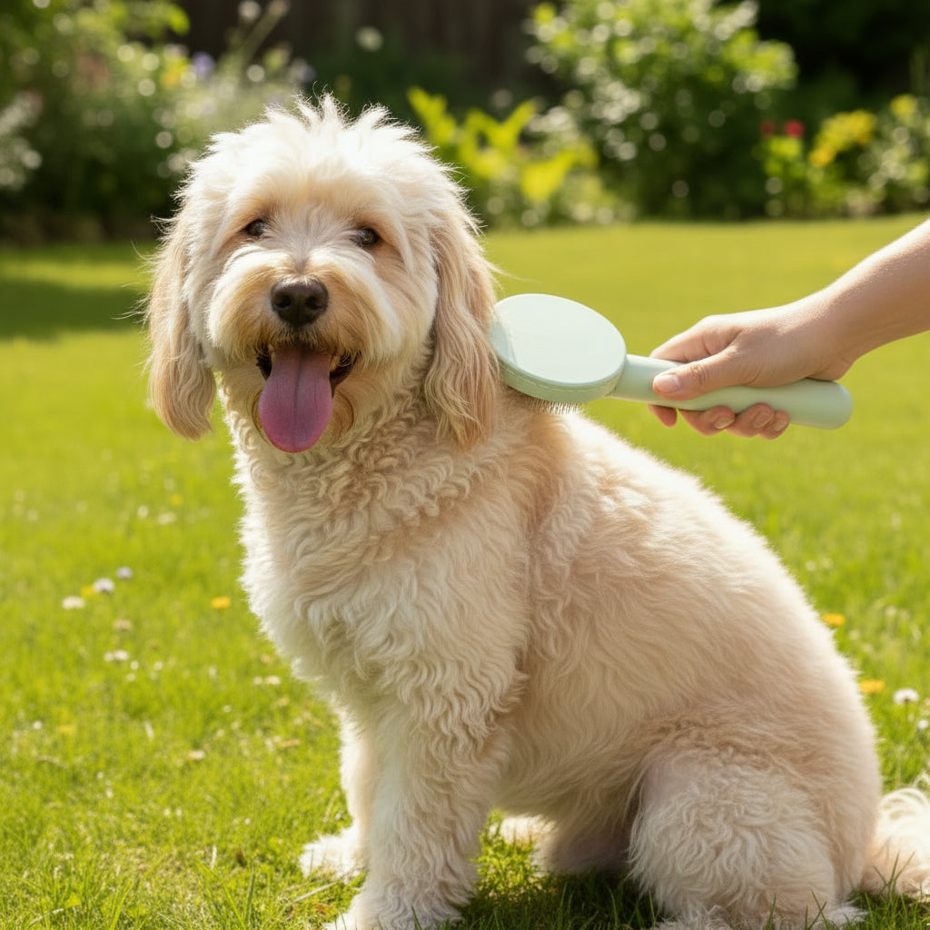 Fluff & Co. Doodle De-Tangler self-cleaning slicker brush — part of the Complete Doodle Grooming Kit