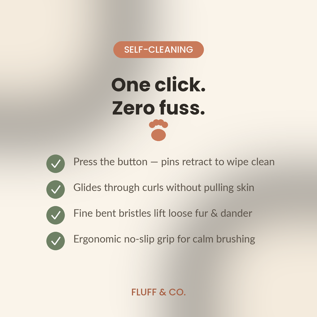 One click, zero fuss — self-cleaning slicker brush retracts pins to clear trapped fur